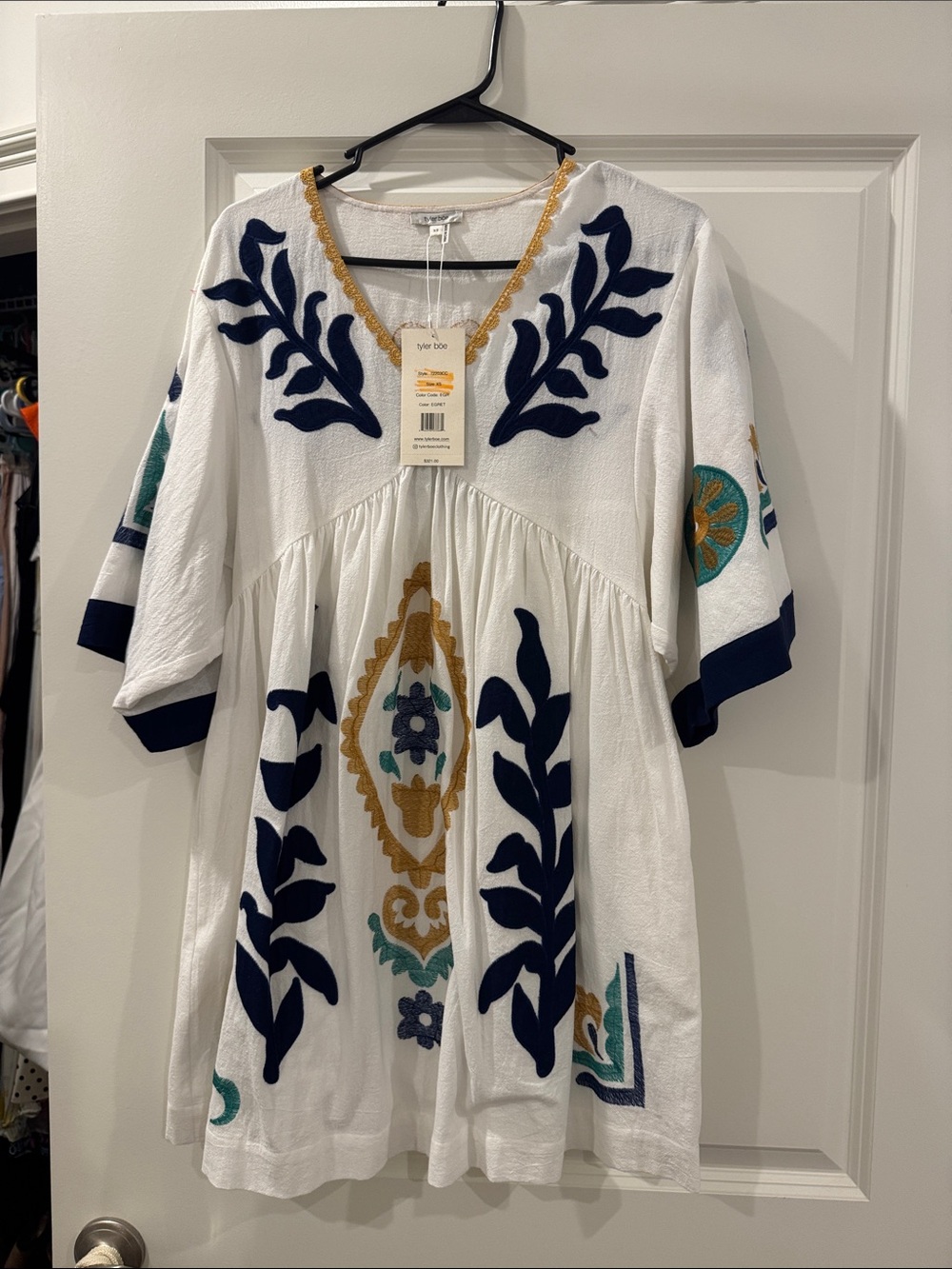 Tyler Boe White Tunic with Navy Embroidery & Gold Trim